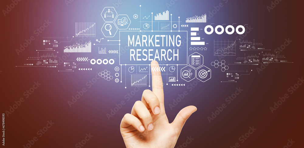 Marketing Research theme with hand pressing a button on a technology screen Marketing Research theme with hand pressing a button on a technology screen