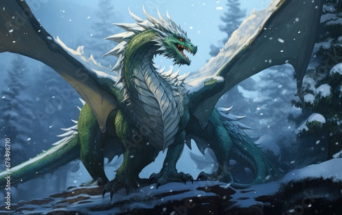 Green dragon in mountains in winter, fantasy art symbol of the New Year 2024, AI