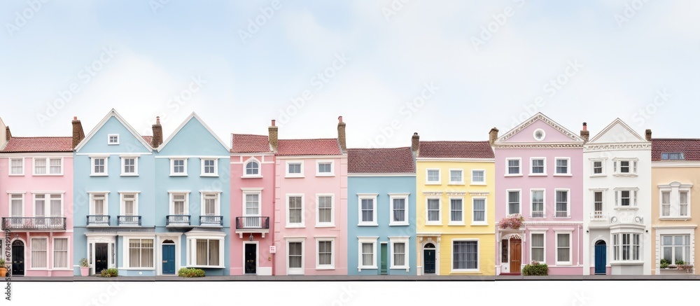 Line of vintage pastel townhomes