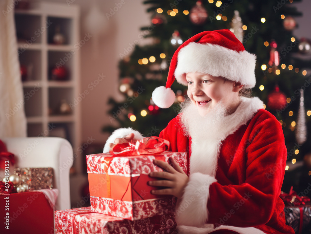 A child was happy to receive presents at Christmas A child was happy to receive presents at Christmas