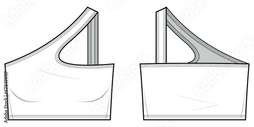 One Shoulder Sports Bra Workout top technical fashion illustration. Yoga Bra, Sexy Crop Tops template vector illustration. front and back view. white color. fashion flats, CAD mock-up set. 