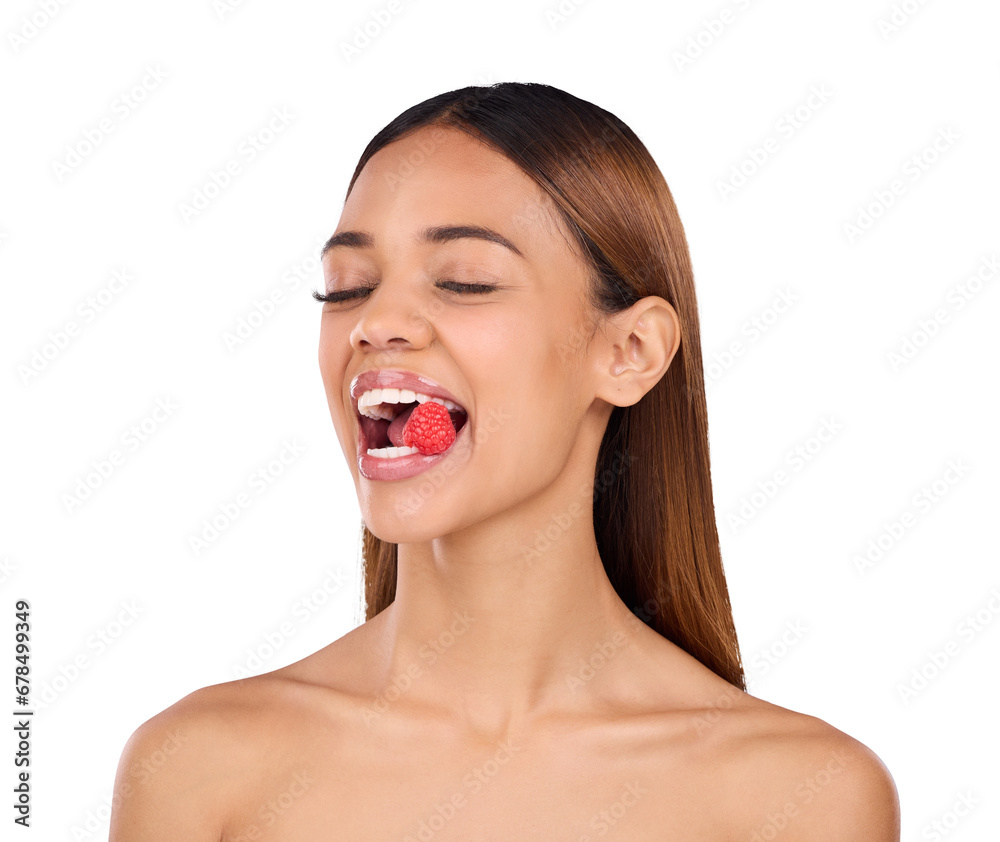 Isolated woman, skincare and health for raspberry in mouth, diet or wellness by transparent png background. Girl, model and eyes closed for eating sustainable fruit for nutrition, results or benefits Isolated woman, skincare and health for raspberry in mouth, diet or wellness by transparent png background. Girl, model and eyes closed for eating sustainable fruit for nutrition, results or benefits