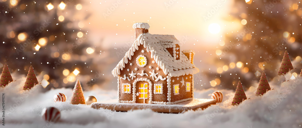 Gingerbread house on a snowy background of a winter landscape. Christmas. Banner. Generated AI. Photoshop improved