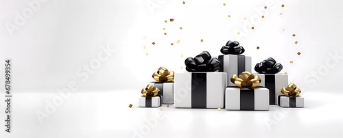 Gifts on a white isolated background. Black, gold and white photo. Banner. Christmas. Discounts. Black Friday. Copy space. AI generated