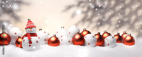 Christmas. A snowman stands against the background of Christmas balls. Red White. Apartment interior. Decor. Generated AI. Photoshop improved © Infinity