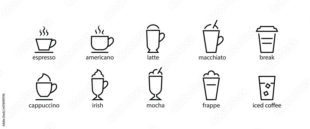 Types of coffee vector line icon set house restaurant shop menu. coffee drinks names cappuccino, espresso frappe latte mocha macchiato break iced irish americano Different types editable stroke - obrazy, fototapety, plakaty 