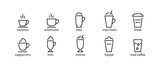 Types of coffee vector line icon set house restaurant shop menu. coffee drinks names cappuccino, espresso frappe latte mocha macchiato break iced irish americano Different types editable stroke