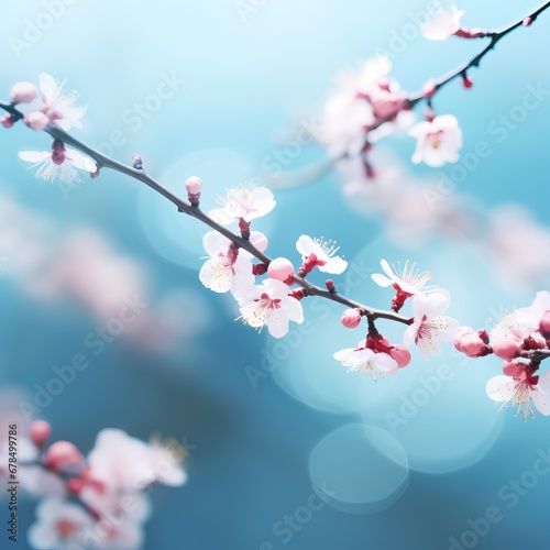 Beautiful floral spring abstract background of nature. Branches of blossoming apricot macro with soft focus on gentle light blue sky background.