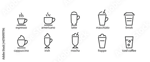 Types of coffee vector line icon set house restaurant shop menu. coffee drinks names cappuccino, espresso frappe latte mocha macchiato break iced irish americano Different types editable stroke