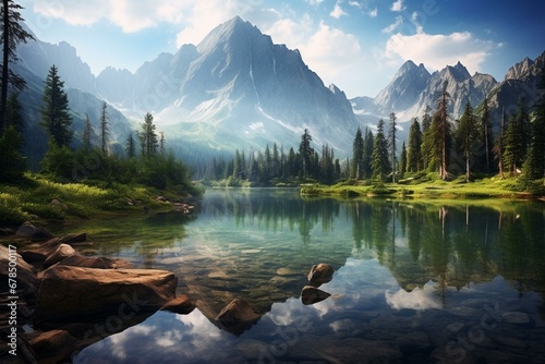 Scenic vista of woodland and lake against majestic mountains. Generative AI