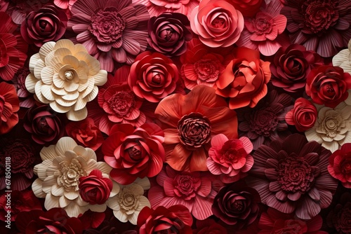 Stunning floral composition forming an exquisite wall. Lively  multicolored backdrop of red carnations. Three-dimensional rendering. Generative AI