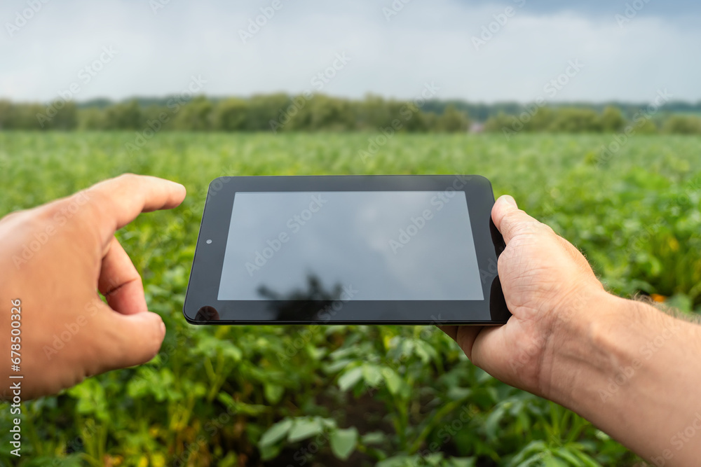 Agronomist Using a empty screen of Tablet in an agriculture Field with copy space agriculture technology concept.