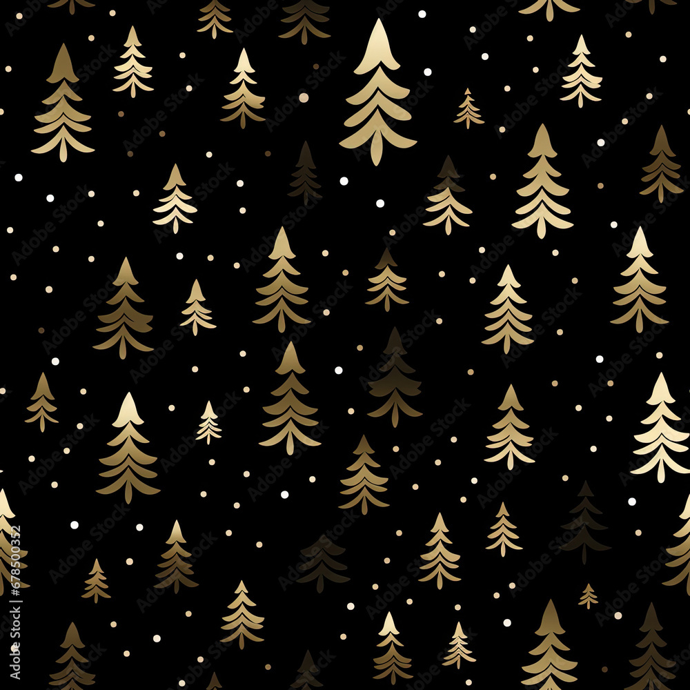 Obraz premium Winter Christmas tree with snowflakes and stars at night seamless pattern on black background