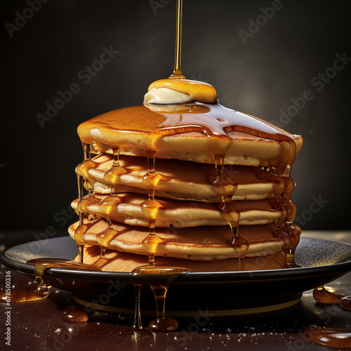 Morning Indulgence: Perfectly Fluffy Pancakes Accompanied by Mixed Berries, Vanilla Whipped Cream, and a Generous Drizzle of Honey