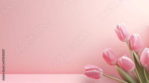 Beautiful composition spring flowers. Bouquet of pink tulips flowers on pastel pink background. Valentine's Day, Easter, Birthday, Happy Women's Day, Mother's Day. Flat lay, top view, copy space 
