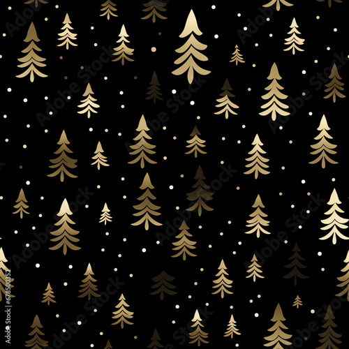 Winter Christmas tree with snowflakes and stars at night seamless pattern on black background created with Generative AI Technology