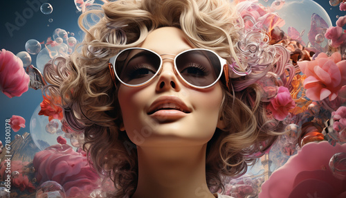 A cute, cheerful girl with curly hair and sunglasses generated by AI