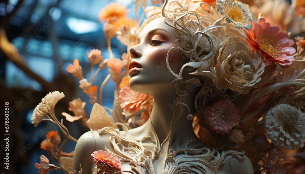 A beautiful woman in nature, adorned with colorful flowers generated by AI