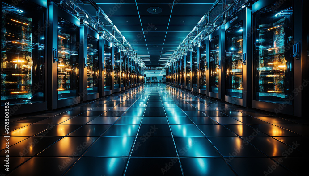 Futuristic computer network illuminates dark warehouse with glowing technology generated by AI