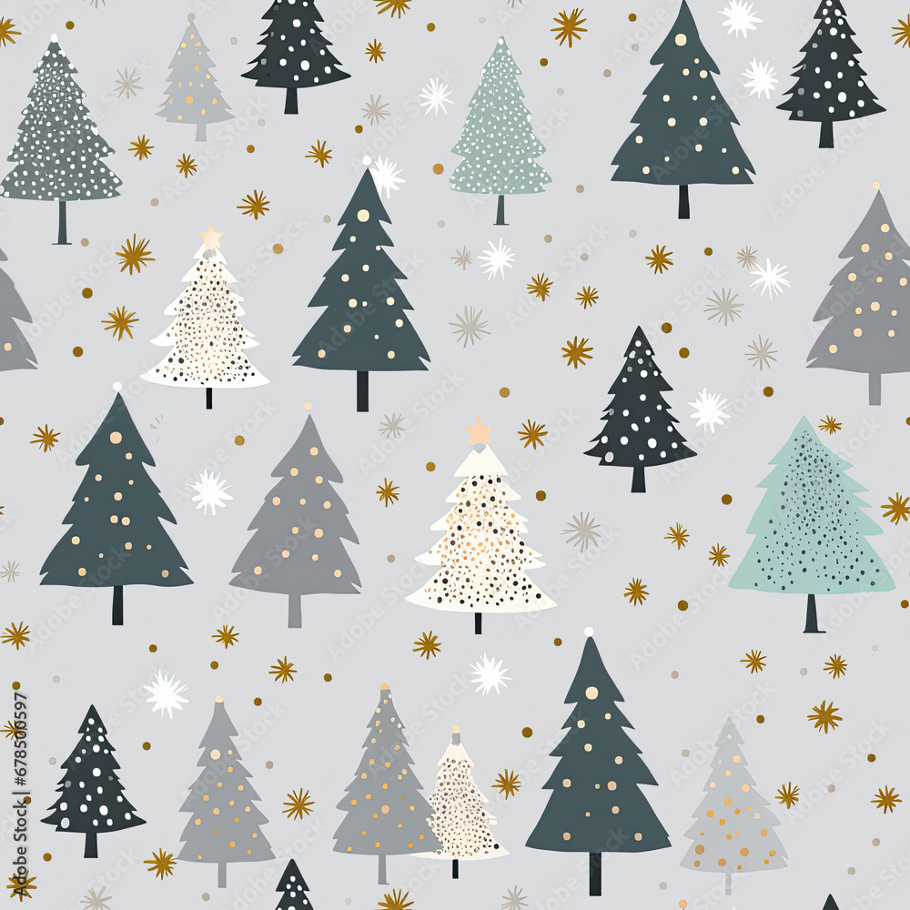 Cute Winter Christmas tree with snowflakes and stars on gray silver tone background seamless pattern created with Generative AI Technology