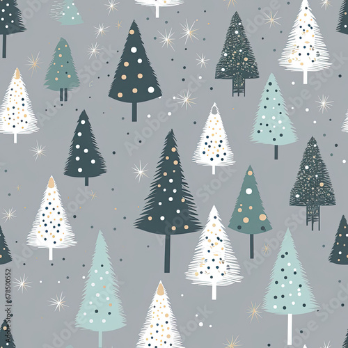 Cute Winter Christmas tree with snowflakes and stars on gray silver tone background seamless pattern created with Generative AI Technology © AstraNova