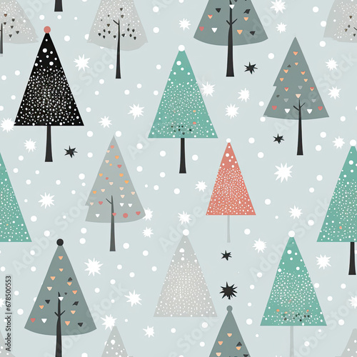 Cute Winter Christmas tree with snowflakes and stars on gray silver tone background seamless pattern created with Generative AI Technology © AstraNova