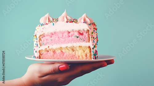 Die Hand einer Frau hält ein Stück rosa Geburtstagskuchen mit bunten Streuseln und Sahne auf einem Teller vor einem pastellgrünen Hintergrund