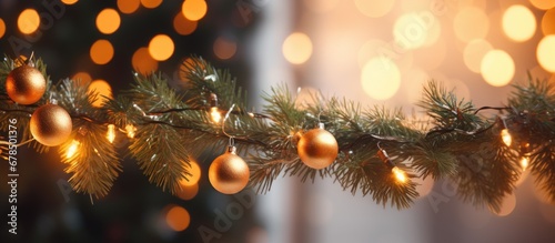Indoor closeup of festive ornament on fir tree with warm lights during domestic Xmas party