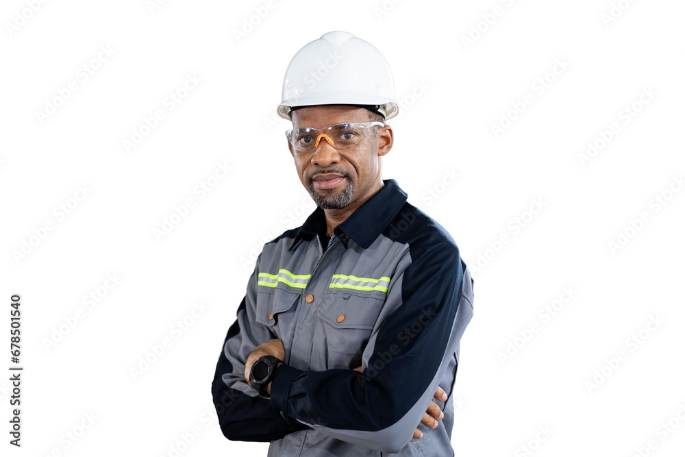 Portrait of male engineer wear uniform and helmet standing witch crossed arms on white background Portrait of male engineer wear uniform and helmet standing witch crossed arms on white background