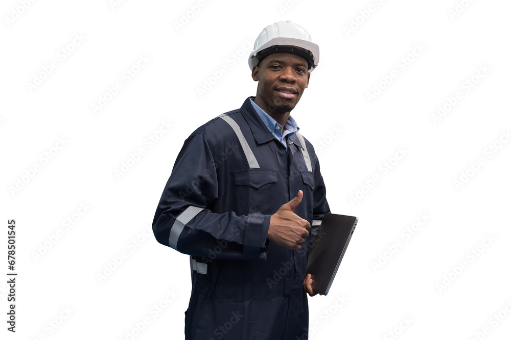 Portrait of male engineer wear uniform and helmet standing and working digital tablet on white background Portrait of male engineer wear uniform and helmet standing and working digital tablet on white background