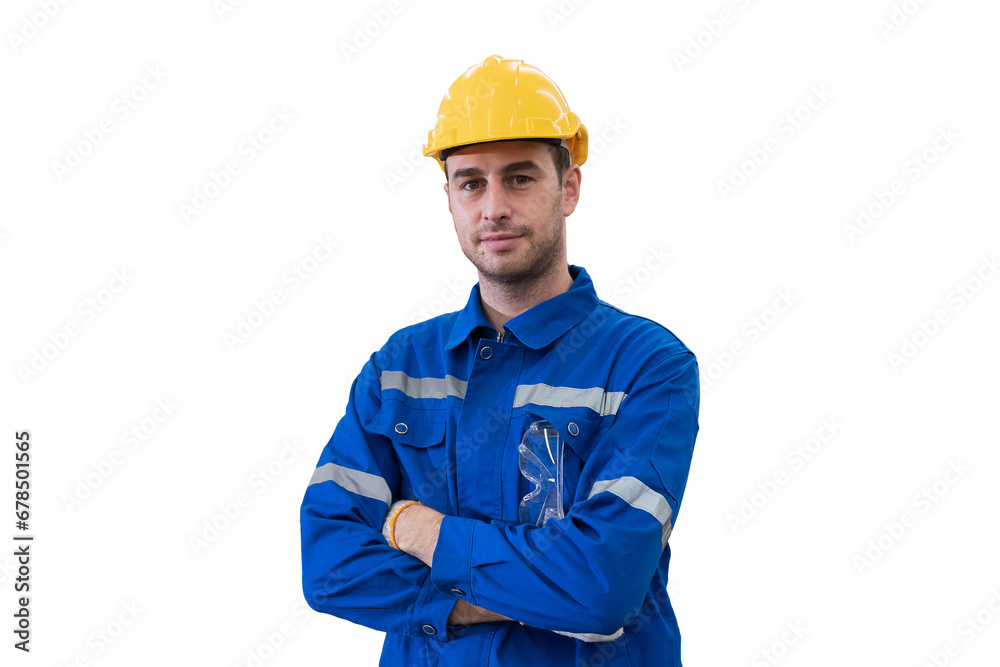 Portrait of male engineer wear uniform and helmet standing witch crossed arms on white background Portrait of male engineer wear uniform and helmet standing witch crossed arms on white background