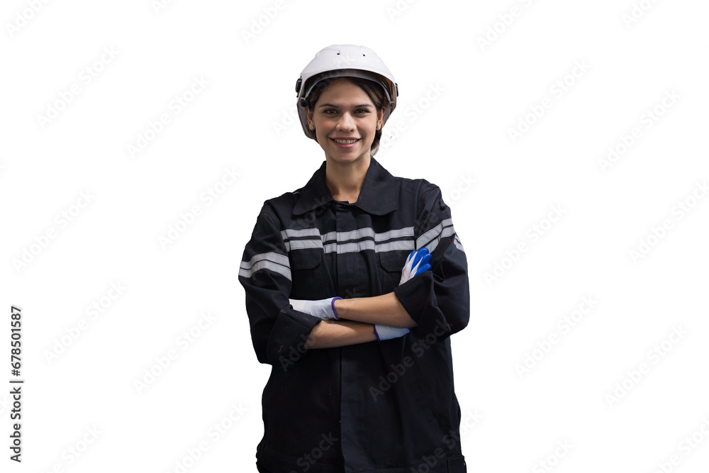 Portrait of female engineer worker wearing safety uniform, helmet, gloves standing with crossed arms on white background Portrait of female engineer worker wearing safety uniform, helmet, gloves standing with crossed arms on white background