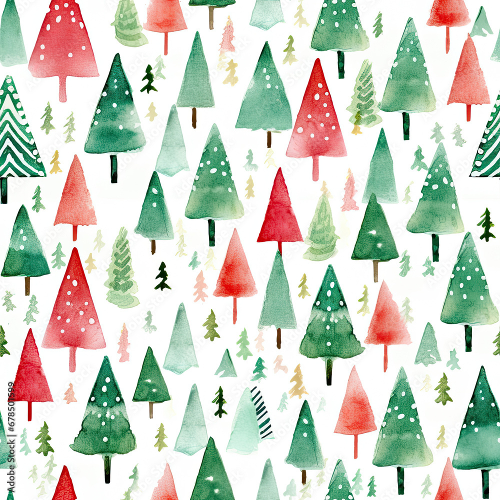 abstract expressionism watercolor small red green and white Christmas tree with lights seamless pattern created with Generative AI Technology