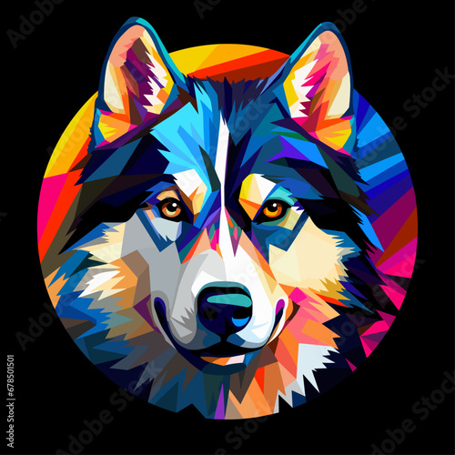 Vector Art Illustration of a Siberian Husky Dog Cubist Style Inside a Circular Frame on a Black Background