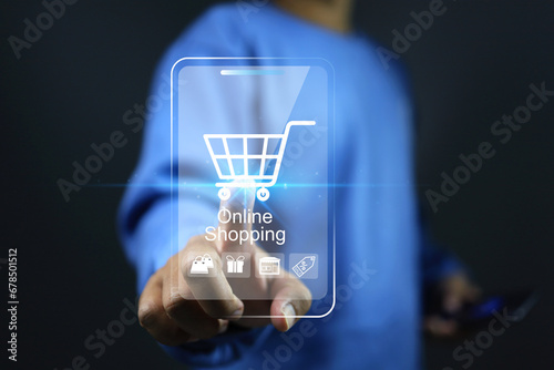 Online shopping concept with customer add product to cart by touch on smartphone screen on shopping application in digital marketplace platform