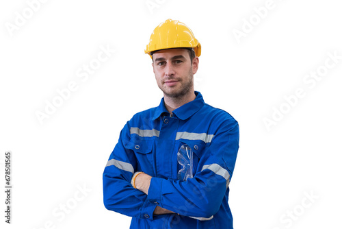 Portrait of male engineer wear uniform and helmet standing witch crossed arms on white background