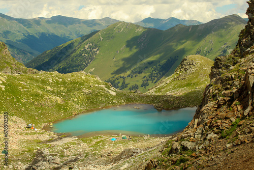 Panoramic aerial view of Small Sophia lakes, Arkhyz, Caucasus, Russia.