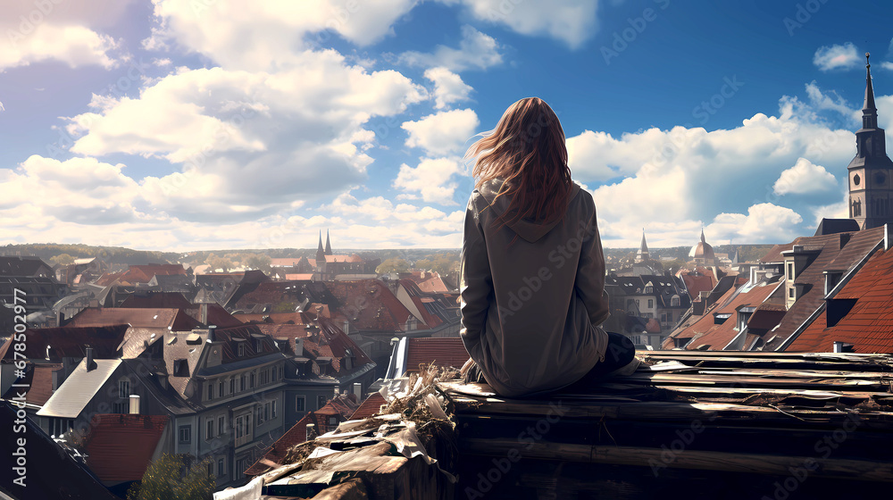 Woman sitting on rooftop in city