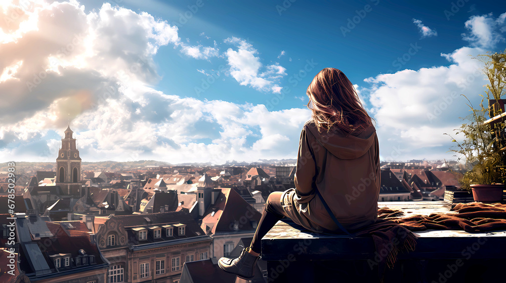 Woman sitting on rooftop in city