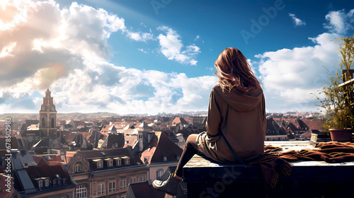 Obraz na płótnie Woman sitting on rooftop in city w salonie