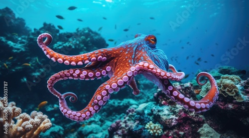 Octopus gliding through the blue ocean waters. Generative AI © kardaska