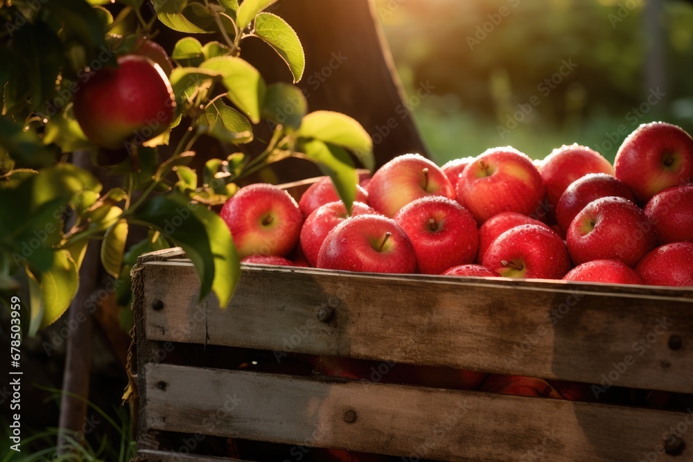 Red apples in a crate on rustic wood table. Generative AI Red apples in a crate on rustic wood table. Generative AI