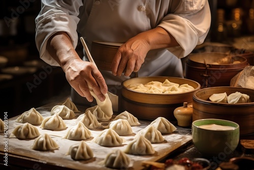 View of freshly made Chinese dumplings in the kitchen. Chinese making dumplings. Generative AI