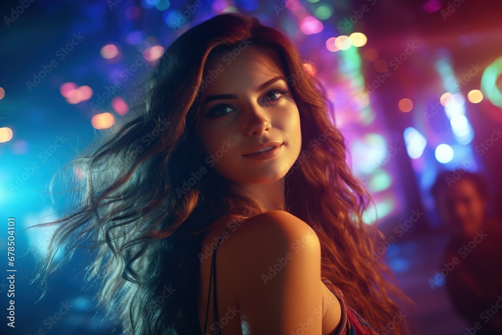 Portrait of young beautiful woman dancing in night club with lights.