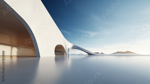 Fototapeta Naklejka Na Ścianę i Meble -  3d render of abstract futuristic architecture with empty concrete floor. Scene for car and motorcycle 