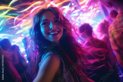 Portrait of young beautiful woman dancing in night club with lights.