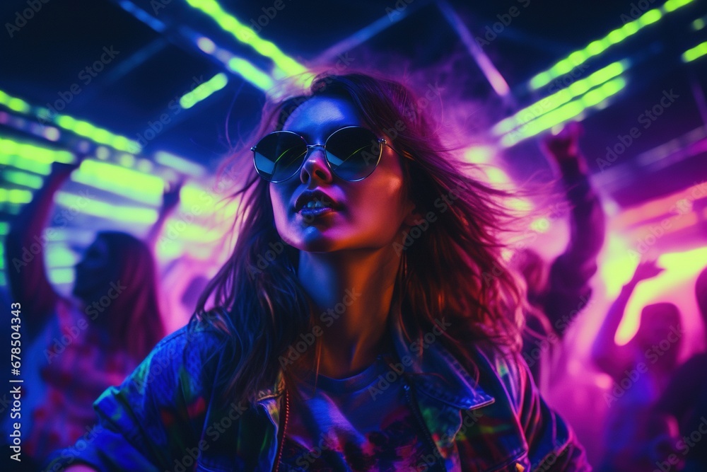 Portrait of young beautiful woman dancing in night club with lights.