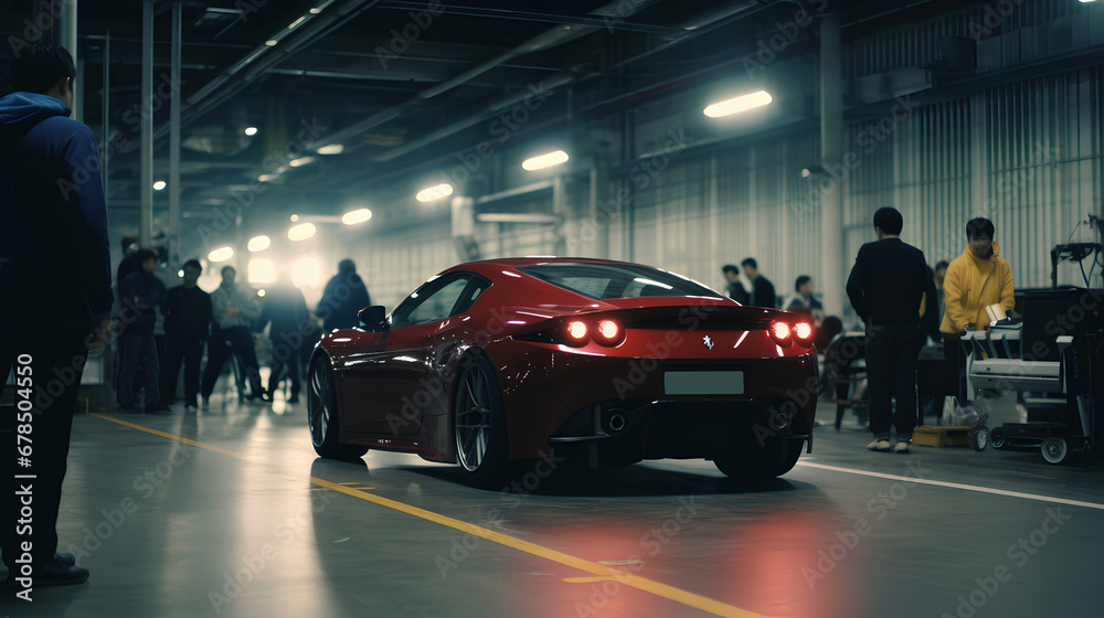 Movie scene, some mechanics fine-tuning the supercar before a race, inside an indoor car park in Tokyo. - obrazy, fototapety, plakaty 