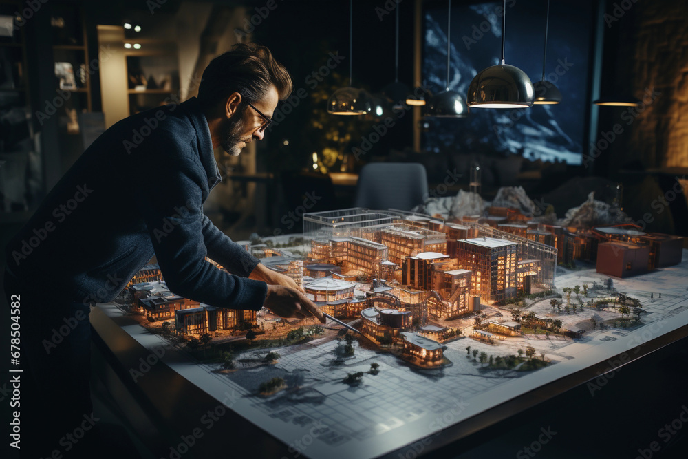 Architects Discussing Urban Development Scale Model in Office