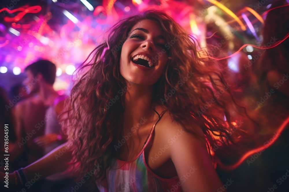 Portrait of young beautiful woman dancing in night club with lights.